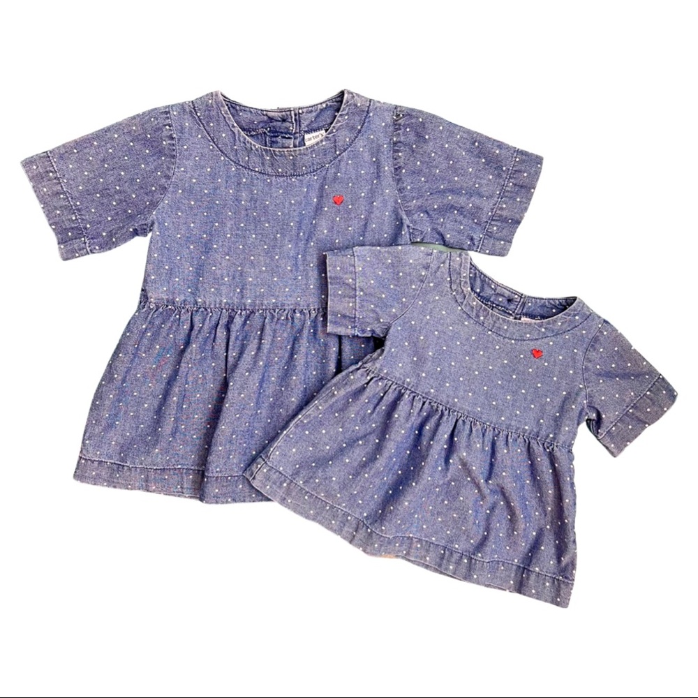 Matching sister or cousin denim polka dot tops 2T and 3M